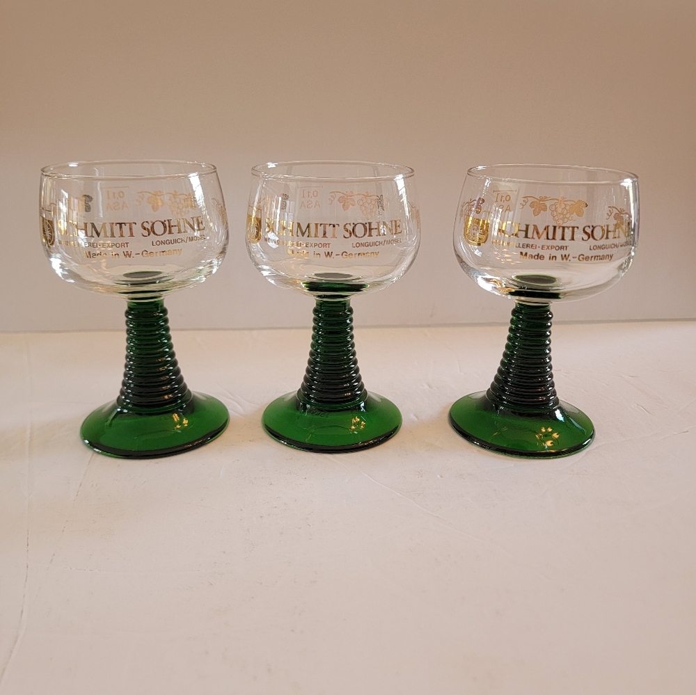 Schmitt Sohne German Green Ribbed Stem Cocktail Goblet Wine Glass Set of 3